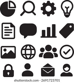 Collection of modern flat icons representing business and technology concepts