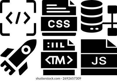 Collection of modern flat icons representing software development tools and concepts including coding markup language database and a rocket for startup. Clean design for web and app interfaces.