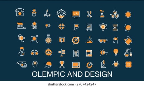 Una colección de iconos planos modernos que representan la ciencia, la tecnología, la creatividad, los deportes, la investigación y la innovación, diseñados en un estilo mínimo de color naranja y blanco sobre un fondo oscuro.