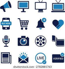Collection of modern flat icons representing media communication shopping and entertainment activities