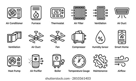 Collection of modern flat icons representing HVAC components and climate control systems, including air conditioners, furnaces, fans, and thermostats for home and building management.