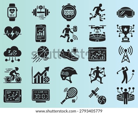 Collection of modern flat icons representing sports technology fitness and analytics activities