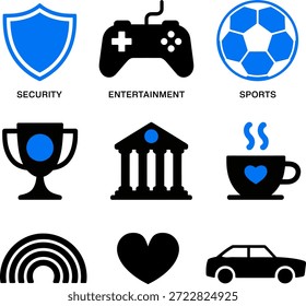 Collection of Modern Flat Icons for Security, Entertainment, and More