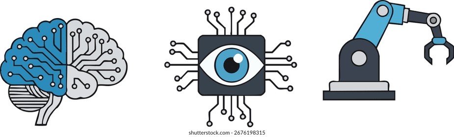 Colección de iconos planos modernos que simbolizan la inteligencia artificial. Un cerebro digital, brazo de robot automatizado y Elementos gráficos de Vector de red de procesamiento de datos Eye