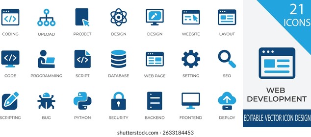 A collection of modern flat vector icons representing key concepts in web development and programming. Includes icons for coding, UI design, , deployment, database  and security