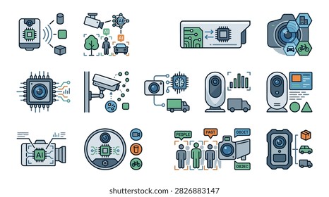 Collection of modern flat vector icons depicting edge AI cameras and smart sensors performing real-time object detection and data analysis on white.