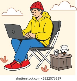 Collection of modern flat vector illustrations featuring people enjoying coffee during autumn while participating in sports, outdoor activities, remote working, photography, music, cycling, skateboarding, and everyday leisure. Cozy seasonal lifestyle character set with colorful fall atmosphere.