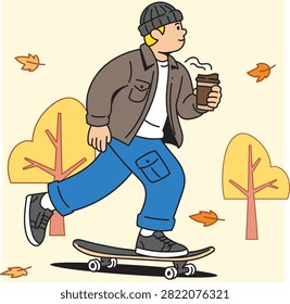 Collection of modern flat vector illustrations featuring people enjoying coffee during autumn while participating in sports, outdoor activities, remote working, photography, music, cycling, skateboarding, and everyday leisure. Cozy seasonal lifestyle character set with colorful fall atmosphere.