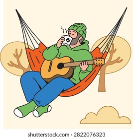 Collection of modern flat vector illustrations featuring people enjoying coffee during autumn while participating in sports, outdoor activities, remote working, photography, music, cycling, skateboarding, and everyday leisure. Cozy seasonal lifestyle character set with colorful fall atmosphere.