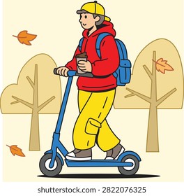Collection of modern flat vector illustrations featuring people enjoying coffee during autumn while participating in sports, outdoor activities, remote working, photography, music, cycling, skateboarding, and everyday leisure. Cozy seasonal lifestyle character set with colorful fall atmosphere.