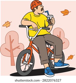 Collection of modern flat vector illustrations featuring people enjoying coffee during autumn while participating in sports, outdoor activities, remote working, photography, music, cycling, skateboarding, and everyday leisure. Cozy seasonal lifestyle character set with colorful fall atmosphere.