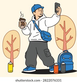 Collection of modern flat vector illustrations featuring people enjoying coffee during autumn while participating in sports, outdoor activities, remote working, photography, music, cycling, skateboarding, and everyday leisure. Cozy seasonal lifestyle character set with colorful fall atmosphere.