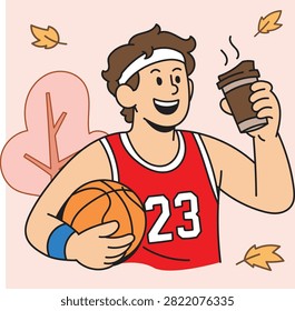 Collection of modern flat vector illustrations featuring people enjoying coffee during autumn while participating in sports, outdoor activities, remote working, photography, music, cycling, skateboarding, and everyday leisure. Cozy seasonal lifestyle character set with colorful fall atmosphere.