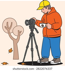 Collection of modern flat vector illustrations featuring people enjoying coffee during autumn while participating in sports, outdoor activities, remote working, photography, music, cycling, skateboarding, and everyday leisure. Cozy seasonal lifestyle character set with colorful fall atmosphere.