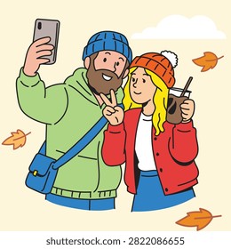 Collection of modern flat vector illustrations featuring happy couples enjoying coffee during autumn. Includes dating, walking together, reading, taking selfies, photography, café moments, picnics, and relaxing outdoor activities in a cozy fall atmosphere. Perfect for seasonal lifestyle, romance, and relationship concepts.