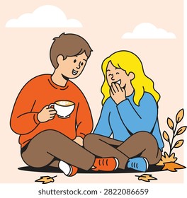 Collection of modern flat vector illustrations featuring happy couples enjoying coffee during autumn. Includes dating, walking together, reading, taking selfies, photography, café moments, picnics, and relaxing outdoor activities in a cozy fall atmosphere. Perfect for seasonal lifestyle, romance, and relationship concepts.