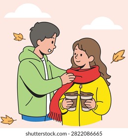 Collection of modern flat vector illustrations featuring happy couples enjoying coffee during autumn. Includes dating, walking together, reading, taking selfies, photography, café moments, picnics, and relaxing outdoor activities in a cozy fall atmosphere. Perfect for seasonal lifestyle, romance, and relationship concepts.