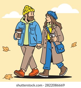 Collection of modern flat vector illustrations featuring happy couples enjoying coffee during autumn. Includes dating, walking together, reading, taking selfies, photography, café moments, picnics, and relaxing outdoor activities in a cozy fall atmosphere. Perfect for seasonal lifestyle, romance, and relationship concepts.