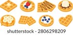 Collection of modern flat vector waffle illustrations featuring Belgian waffles with butter, whipped cream, strawberries, blueberries, banana, chocolate sauce, ice cream and heart-shaped waffles. Perfect for breakfast, bakery, cafe menus, recipe books, packaging, stickers, food blogs and digital design projects.