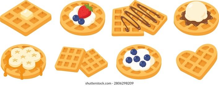 Collection of modern flat vector waffle illustrations featuring Belgian waffles with butter, whipped cream, strawberries, blueberries, banana, chocolate sauce, ice cream and heart-shaped waffles. Perfect for breakfast, bakery, cafe menus, recipe books, packaging, stickers, food blogs and digital design projects.