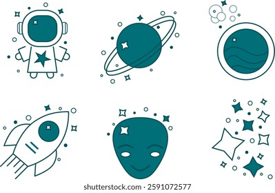 A collection of modern flat-design icons inspired by space and astronomy. This set features vibrant and minimalistic illustrations of planet, rocket, astronauts, stars, alien