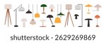 Collection of modern floor, table, and pendant lamps. Minimalist flat illustration for interior design, decor, furniture, and lighting concepts.