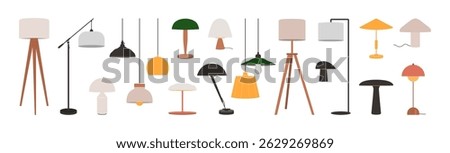 Collection of modern floor, table, and pendant lamps. Minimalist flat illustration for interior design, decor, furniture, and lighting concepts.