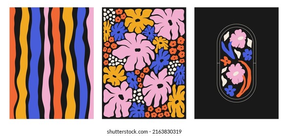 A collection of modern floral and striped shapes, a set of abstract patterns. Trendy vintage design for paper, poster, cover, fabric, interior decor and other users.