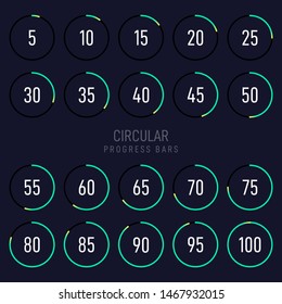 Collection of modern futuristic circular progress loading bar. Graphic design element can be used for graphical user interface, vector illustration