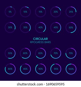 Collection of modern futuristic circular progress loading bar and buffering. Graphic design element can be used for graphical user interface, vector illustration