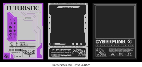 Collection of Modern Futuristic and Cyberpunk Poster Templates with Abstract Elements. Angular sci fi frame for poster set. Neo tribal poster. Gothic elements for design. Vector illustration