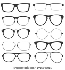 Collection of modern glasses, isolated on white background. Retro style glasses with black frames for men and women. Vector illustration