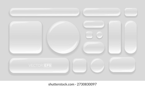 Collection of modern glossy white UI buttons and frames, ideal for web design and user interfaces. Vector illustration.