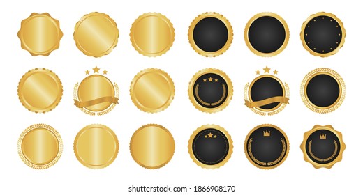 Collection of modern, gold circle metal badges, labels and design elements. Vector illustration.