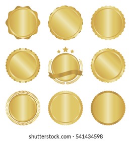 Collection of modern, gold circle metal badges, labels and design elements. Vector illustration.