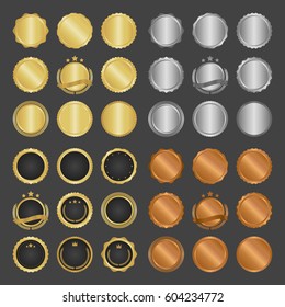Collection of modern, gold circle metal badges, labels and design elements. Vector illustration.