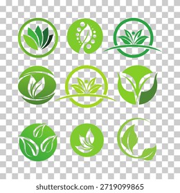Una colección de logotipos modernos de hojas verdes que simbolizan la naturaleza, la vida ecológica, la sostenibilidad, el crecimiento orgánico y el bienestar ambiental sobre un fondo transparente. 