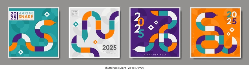 Collection of modern greeting card with geometric rectangle shapes in the form of a coiled snake in orange, cyan, purple and white colors. Trendy minimalist poster for 2025 Lunar New Year of the Snake