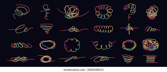 Collection of Modern Hand Drawn Abstract Wavy Lines and Scribble Sketches with Vibrant Colors on a Black Background. Playful geometric fluid organic shapes isolated. Trendy colorful freehand line