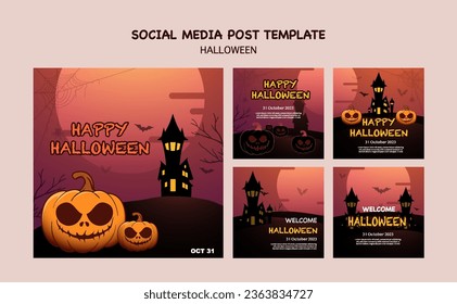 Collection of modern Happy Halloween invitation card. Set of Halloween icons and design elements. Vector illustration. Greeting cards with traditional symbols vector halloween instagram post