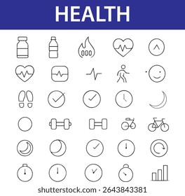 A collection of modern health and medical line icons in a minimal style. Includes essential symbols such as stethoscope, syringe, heart monitor, pills, ambulance, hospital cross, and more. 