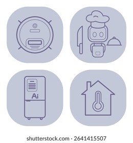 Collection of modern home appliance icons. Robot vacuum, smart chef, refrigerator, and temperature sensor, showcasing modern living