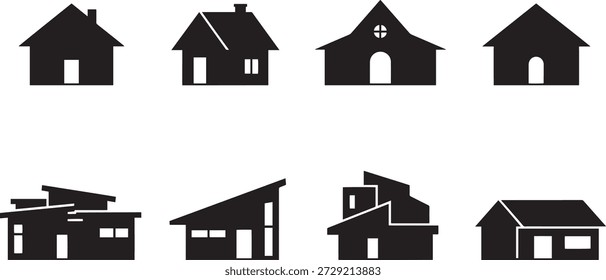 Una colección de siluetas de casas modernas en formato de Vector, ideal para proyectos de diseño y arquitectura