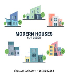 Collection of Modern houses in flat design created for designers in the design of all kinds of works. Beautiful house which can be used in many purposes. Eps10 vector.