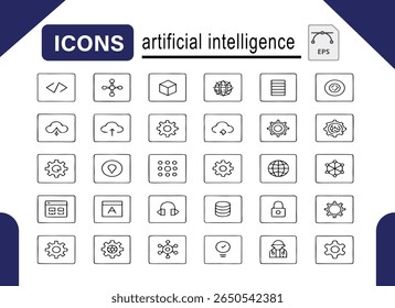Uma coleção de ícones modernos representando vários aspectos da inteligência artificial, incluindo aprendizagem de máquina, redes neurais, análise de dados e robótica. Perfeito para interfaces digitais técnicas.