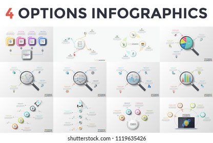 Collection of modern infographic templates with 4 options. Diagrams with four colorful circular or rectangular elements, thin line symbols and place for text. Vector illustration for presentation.