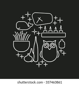 Collection of Modern Interior Decoration.Round logo. Sculpture,Clock,Vases,Candlestick,Flowerpot.Template for design Background,Cards,Cover,Invitation.Loft,Moder style.Vector illustration.Isolated