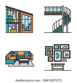 A collection of modern interior design elements presented as flat icons, including a loft apartment, spiral staircase, sectional sofa, and gallery wall.
