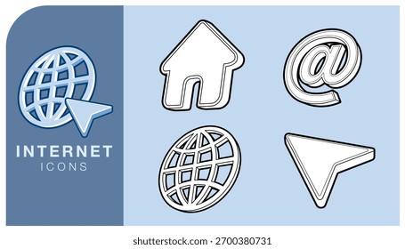 Colección de iconos modernos de Internet con globo, hogar, correo electrónico y símbolos de puntero de navegación en estilos delineados y 3D, perfecto para Diseño web, interfaz de usuario y aplicaciones digitales. Ilustración vectorial.