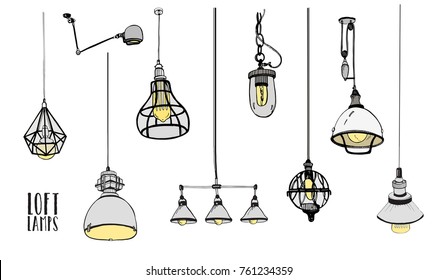 Sammlung von modernen, isolierten Loft-Lampen, Vintage, Retro-Glühbirnen. Handgezeichnete Vektorgrafik.